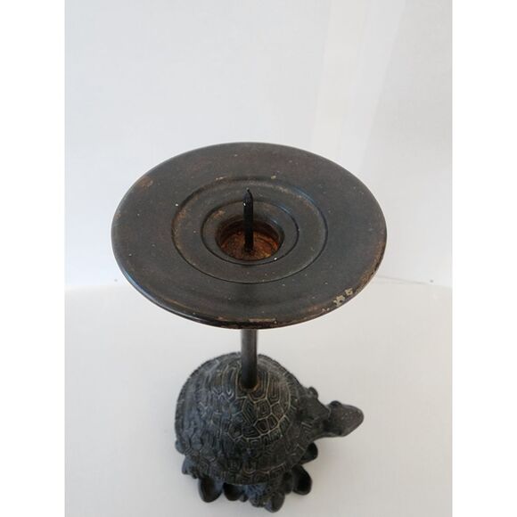 Heavy Metal 2 Turtles Stacked Candle Holder Detailed ~ 10" x 10" x4" Dark Bronze - Picture 9 of 10